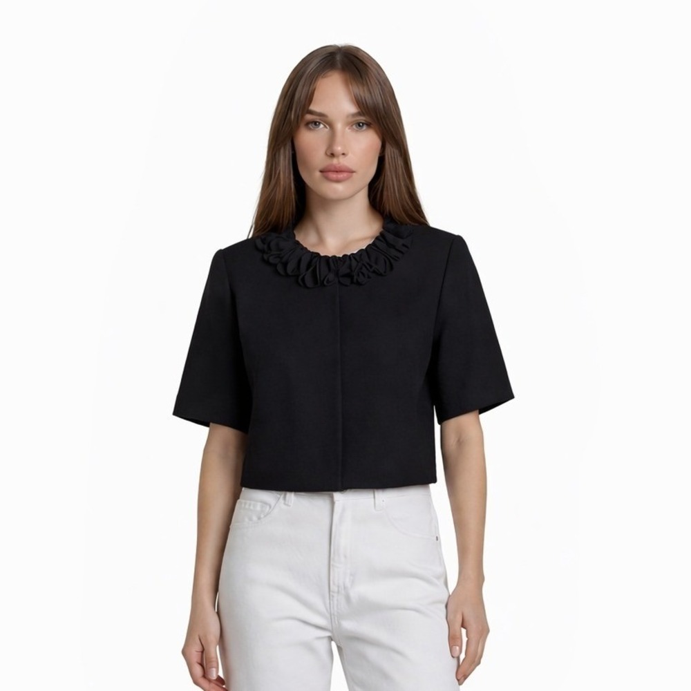 Jessica Howard Bolero Jacket Womens Size 22W Black Ruffle Rosette Cropped Shrug